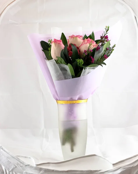 Festive Bouquet Set Flowers White Pink Roses Yellow Tulips Ultramarine — Stock Photo, Image