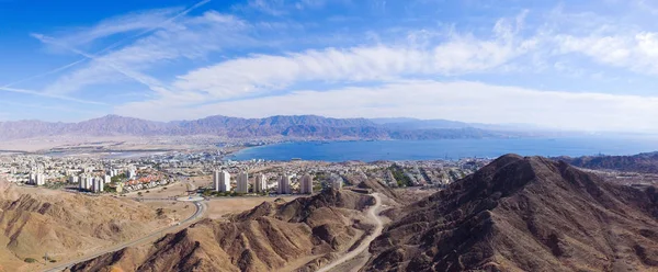 Eilat สราเอล ภาพทางอากาศ ดเผยเส นขอบฟ าของ Eilat และทะเลส แดง ภาพสต็อก