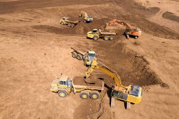 Aerial Image Vast Excavation Site Multiple Heavy Industry Vehicles Working — Stock Photo, Image