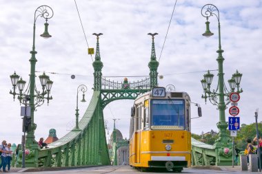 Budapest, Hungary - September 29, 2019: Local Tram heading to the Liberty bridge in central Budapest.