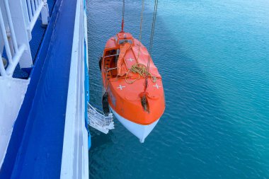 Cruise ship lifeboat lifted back to ship at the end of a softy drill at sea.