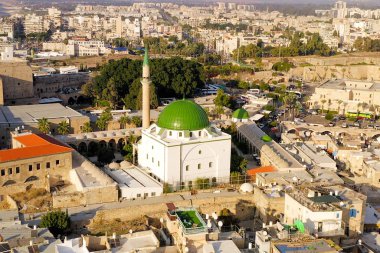 Central Mosque with Green dome in the heart of the old city of Acre, Israel, Aerial image.