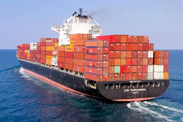 Mega Container Ship Loaded Top Sea Low Angle Aerial Image — Fotografia de Stock