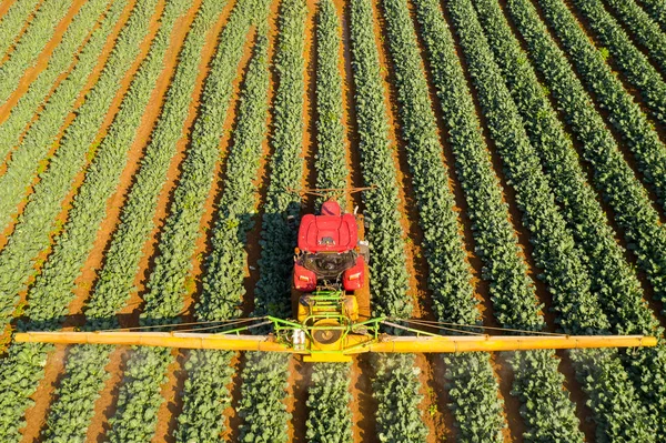 Pesticid rozprašovač traktor pracuje na velkém poli. — Stock fotografie