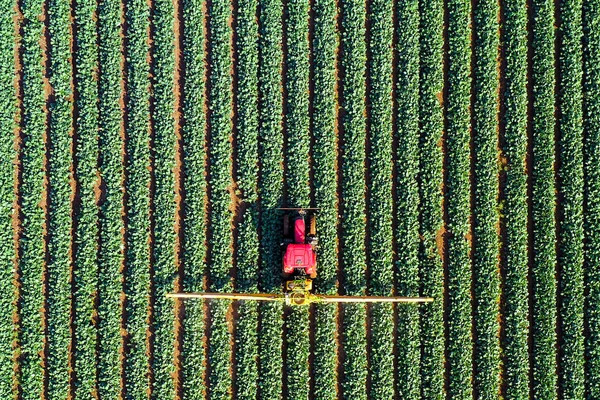 Pesticid rozprašovač traktor pracuje na velkém poli. — Stock fotografie