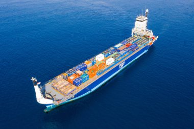 Aerial view of cargo boat in sea