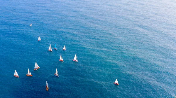 Large Group Sail Boats Different Sizes Sea Aerial Image — Fotografia de Stock