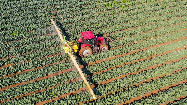 Trator Pulverização Pesticidas Trabalhando Grande Campo Imagem Aérea — Fotografia de Stock