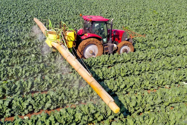 Pesticide Pulvérisateur Tracteur travaillant sur un grand champ. — Photo