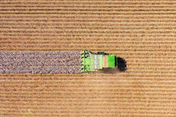 Imagem aérea de um grande coletor de algodão colhendo um campo . — Fotografia de Stock