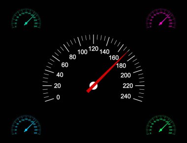 Koyu arkaplanda araba hız göstergesi simgelerinin vektör illüstrasyonu.