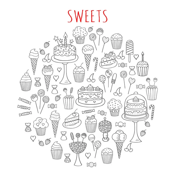 Sweets set icone vettoriali scarabocchio disegnato a mano — Vettoriale Stock
