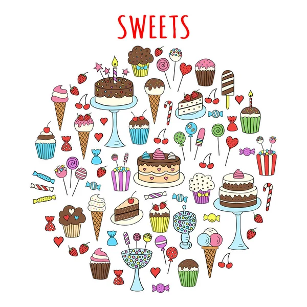 Sweets set icone vettoriali scarabocchio disegnato a mano — Vettoriale Stock