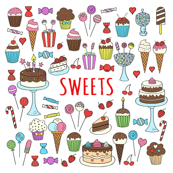 Dulces conjunto vector iconos dibujado a mano garabato — Vector de stock