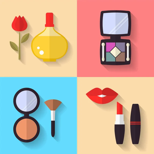Ensemble d'icônes plates à vecteur cosmétique et maquillage — Image vectorielle