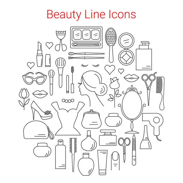 Güzellik, kozmetik ve makyaj vektör hat Icons Set — Stok Vektör