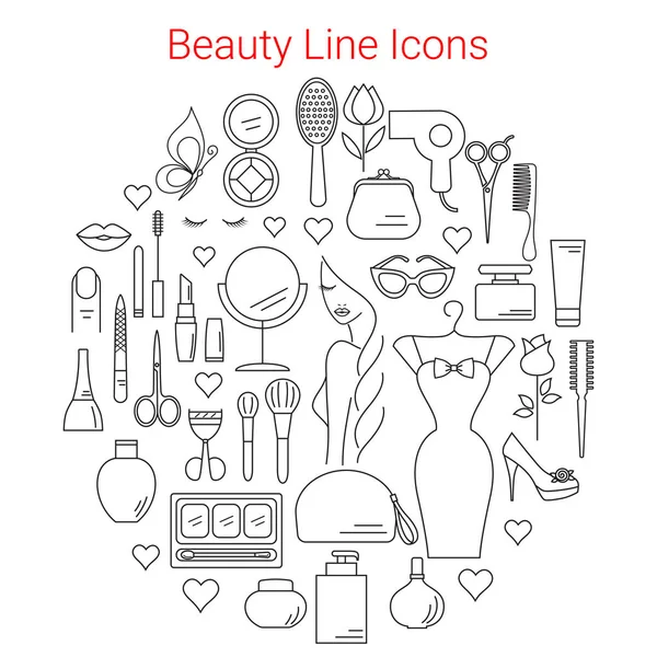 Schoonheid, cosmetica en make-up Vector lijn Icons Set — Stockvector