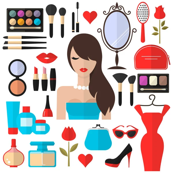 Conjunto de iconos planos de vectores de belleza, cosméticos y maquillaje  . — Vector de stock
