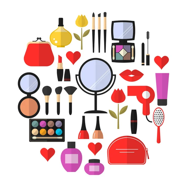 Conjunto de iconos planos de vectores cosméticos, maquillaje y belleza  . — Vector de stock