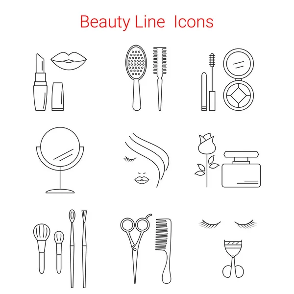 Make-up, cosmetica en Beauty Vector lijn pictogrammen — Stockvector