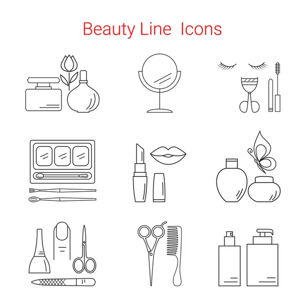 Make-up, cosmetica en Beauty Vector lijn pictogrammen — Stockvector