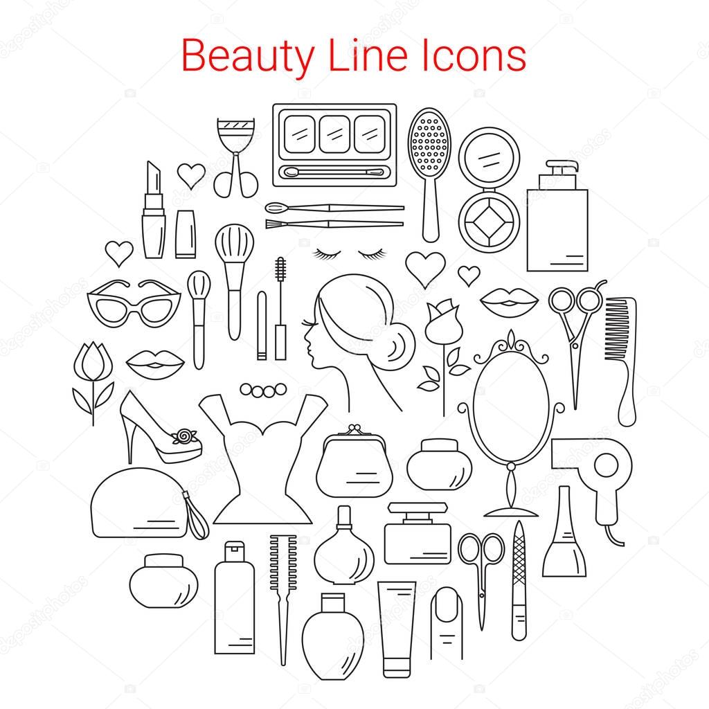 Beauty, Cosmetic and Makeup Vector Line Icons Set Circular Shaped . Beauty logo design elements. Symbols and icons for fashion, beauty salon, spa, hairdressers or wellness centers. Women accessories