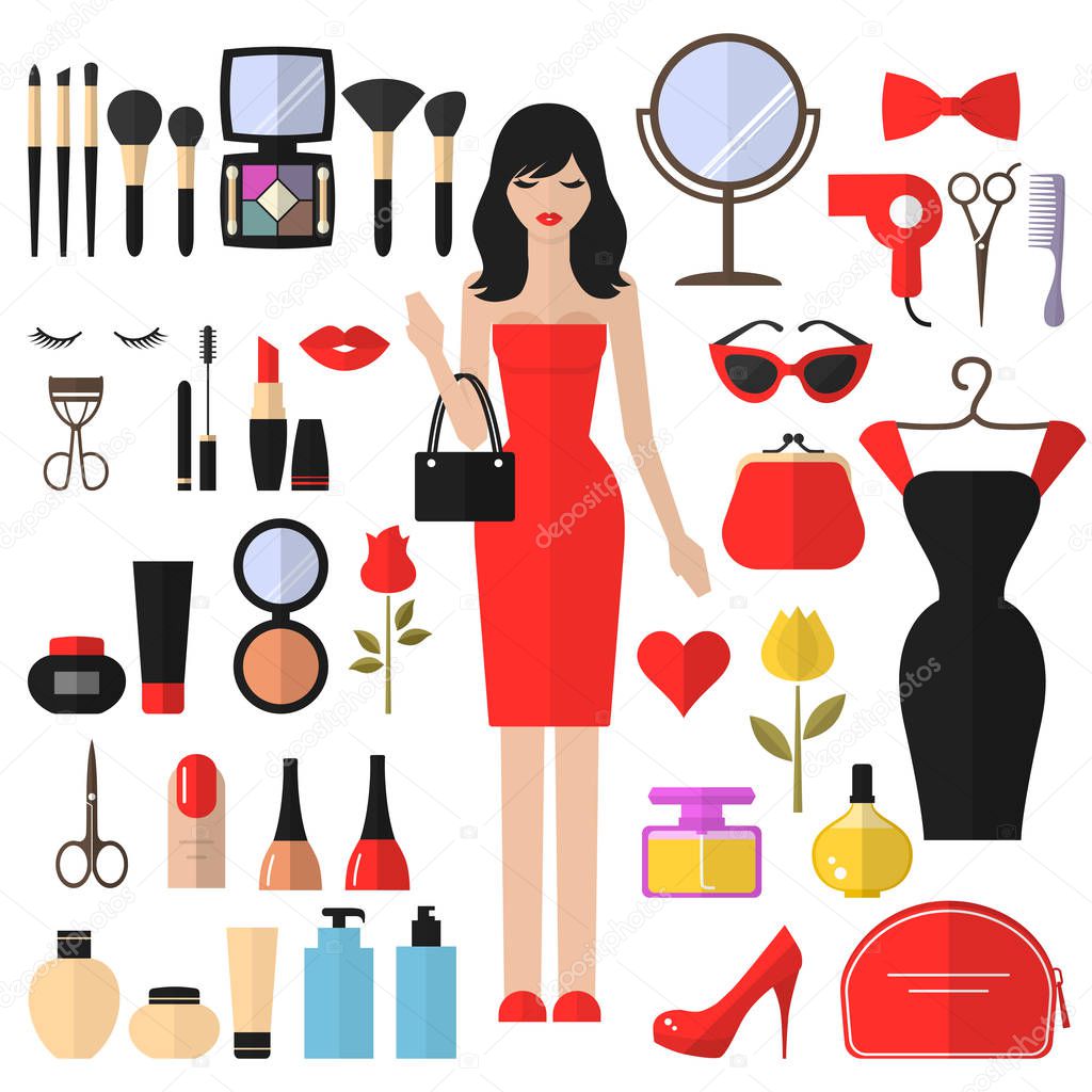 Beauty, Cosmetic and Makeup Vector flat Icons Set . Beautiful fashion woman flat icon. Cosmetic products, makeup brushes, lipstick, perfume, eye makeup. Women accessories. Fashion icons.
