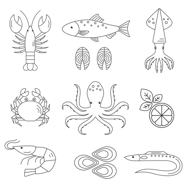 Seafood vector flat line icons set. — Stock Vector