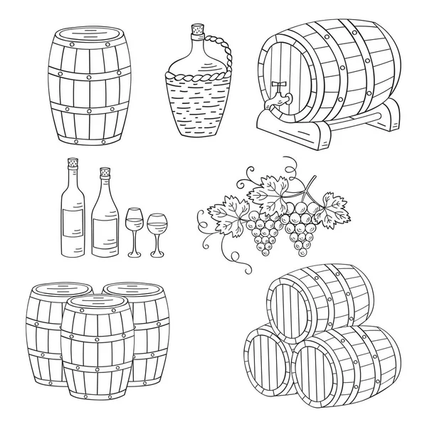 Conjunto de barriles de vino, ilustración vectorial — Vector de stock