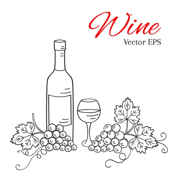 Векторная иллюстрация бутылки вина, стекла и винограда — стоковый вектор