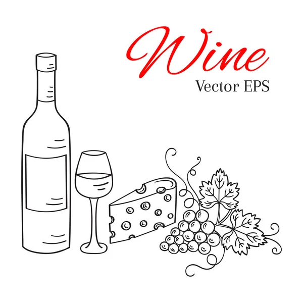 Vin flaska, glas, vindruvor och ost vektor — Stock vektor
