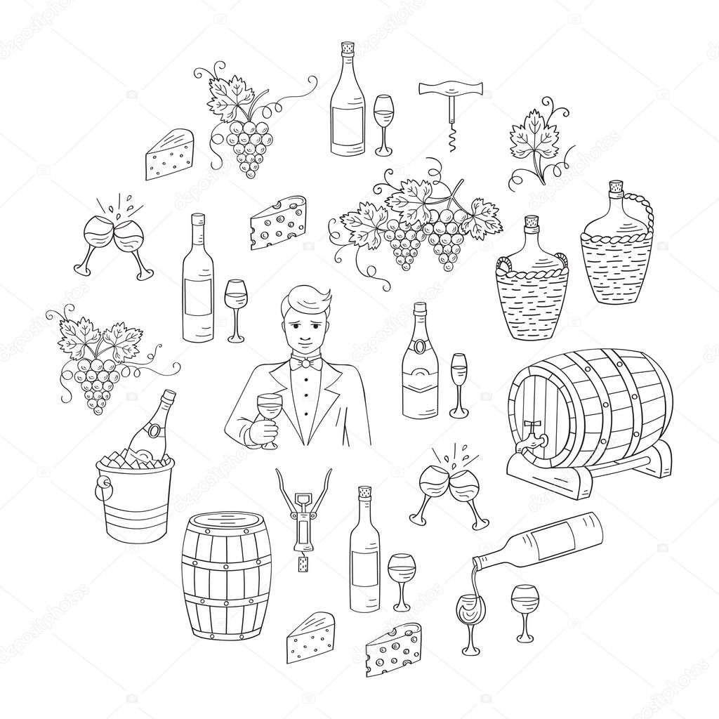 Wine and wine making set vector illustrations hand drawn doodle, bottles, glasses, grapes, sommelier, wine tasting, cheese, champagne, barrels, cellar Wine design elements