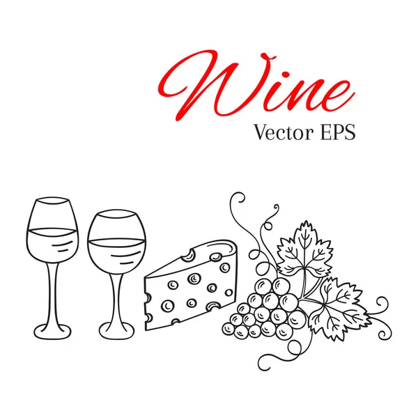 Copa de vino tinto y copa de vino blanco, uvas, vector de queso — Vector de stock