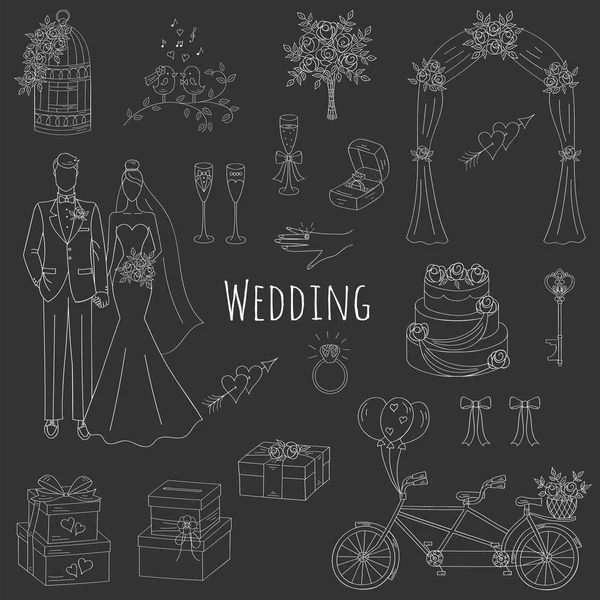 Ensemble vectoriel d'icônes de mariage dessinées à la main — Image vectorielle