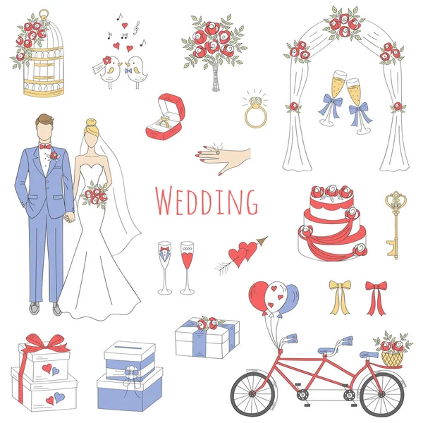 Set vettoriale di icone di nozze disegnate a mano — Vettoriale Stock