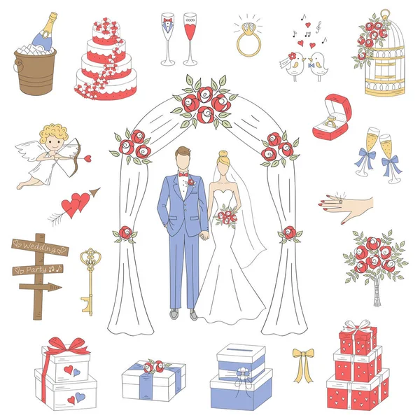 Vektor-Set von handgezeichneten Hochzeitssymbolen — Stockvektor
