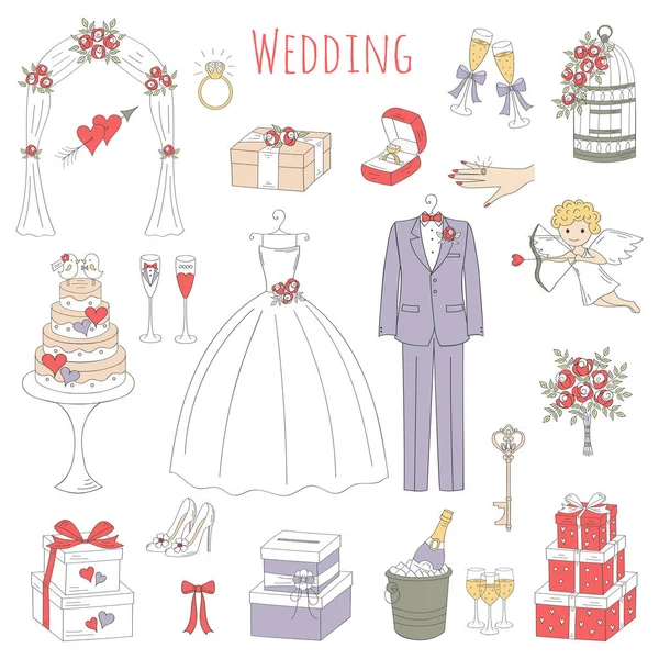 Vector conjunto de iconos de boda dibujados a mano — Vector de stock