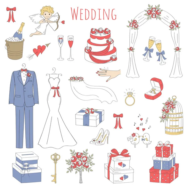 Vector conjunto de iconos de boda dibujados a mano — Archivo Imágenes Vectoriales