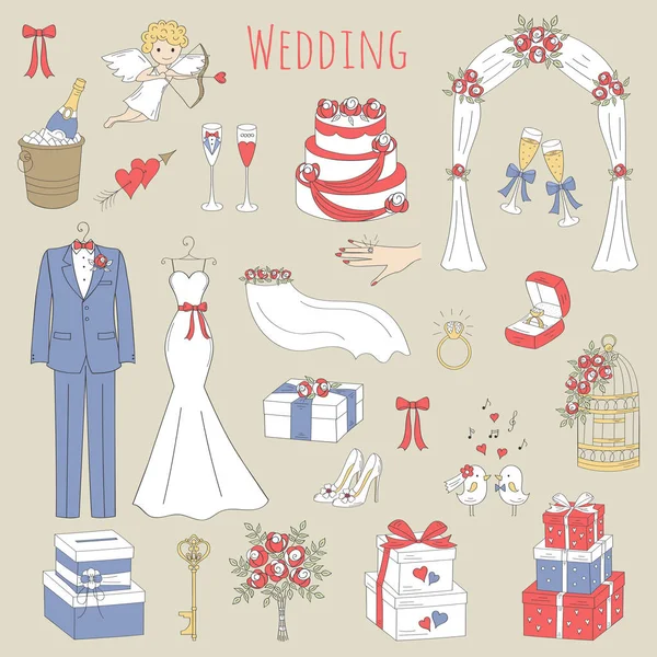 Conjunto vetorial de ícones de casamento desenhados à mão —  Vetores de Stock