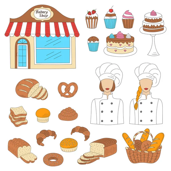 Colección de panadería, dibujado a mano doodle estilo vector ilustración — Vector de stock