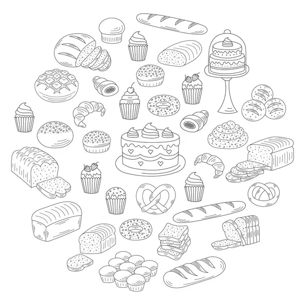 Ekmek ve pasta koleksiyonu, üzerinde beyaz izole doodle vektör çizimler — Stok Vektör