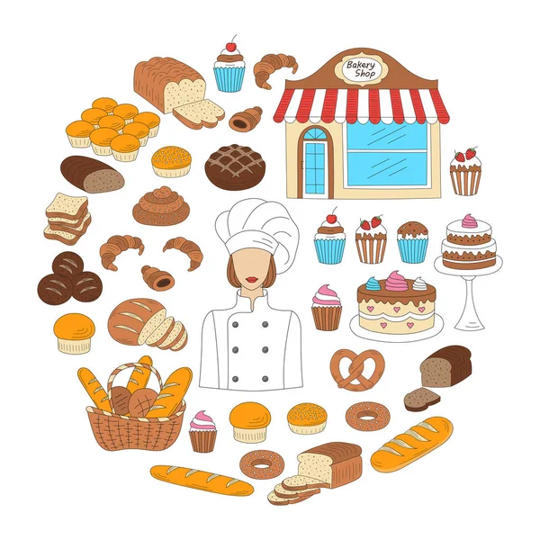 Collezione Bakery illustrazioni vettoriali in stile doodle isolate su bianco — Vettoriale Stock