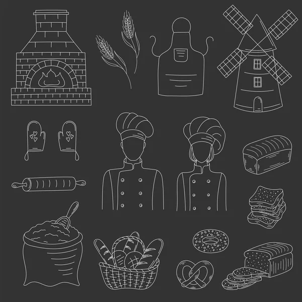 Bageri-samling med bagare, doodle stil vektorillustration — Stock vektor