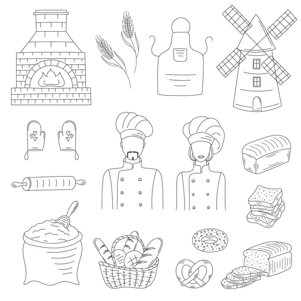 Collezione Bakery con panettieri, illustrazione vettoriale in stile doodle — Vettoriale Stock