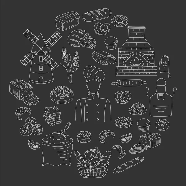 Bakkerij collectie doodle stijl vectorillustratie — Stockvector