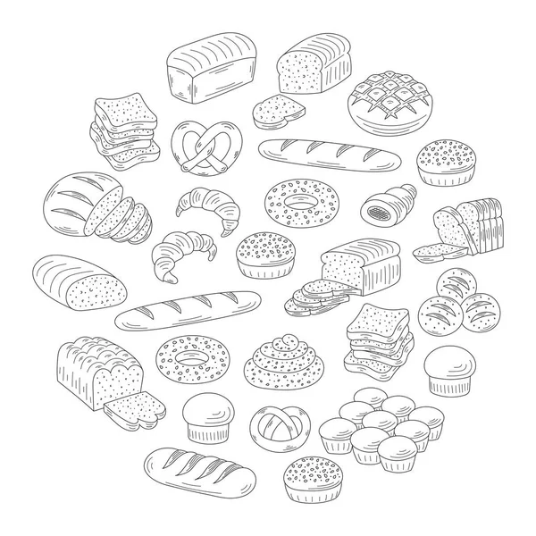 Panadería colección de pan fresco doodle estilo vector ilustración . — Vector de stock