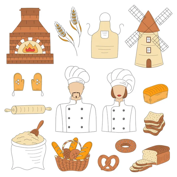Collezione Bakery con panettieri, illustrazione vettoriale in stile doodle — Vettoriale Stock