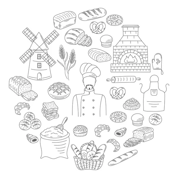 Bakkerij collectie doodle stijl vectorillustratie — Stockvector