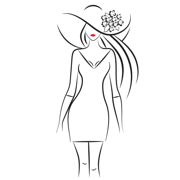 Belle femme en gros chapeau vecteur illustration . — Image vectorielle