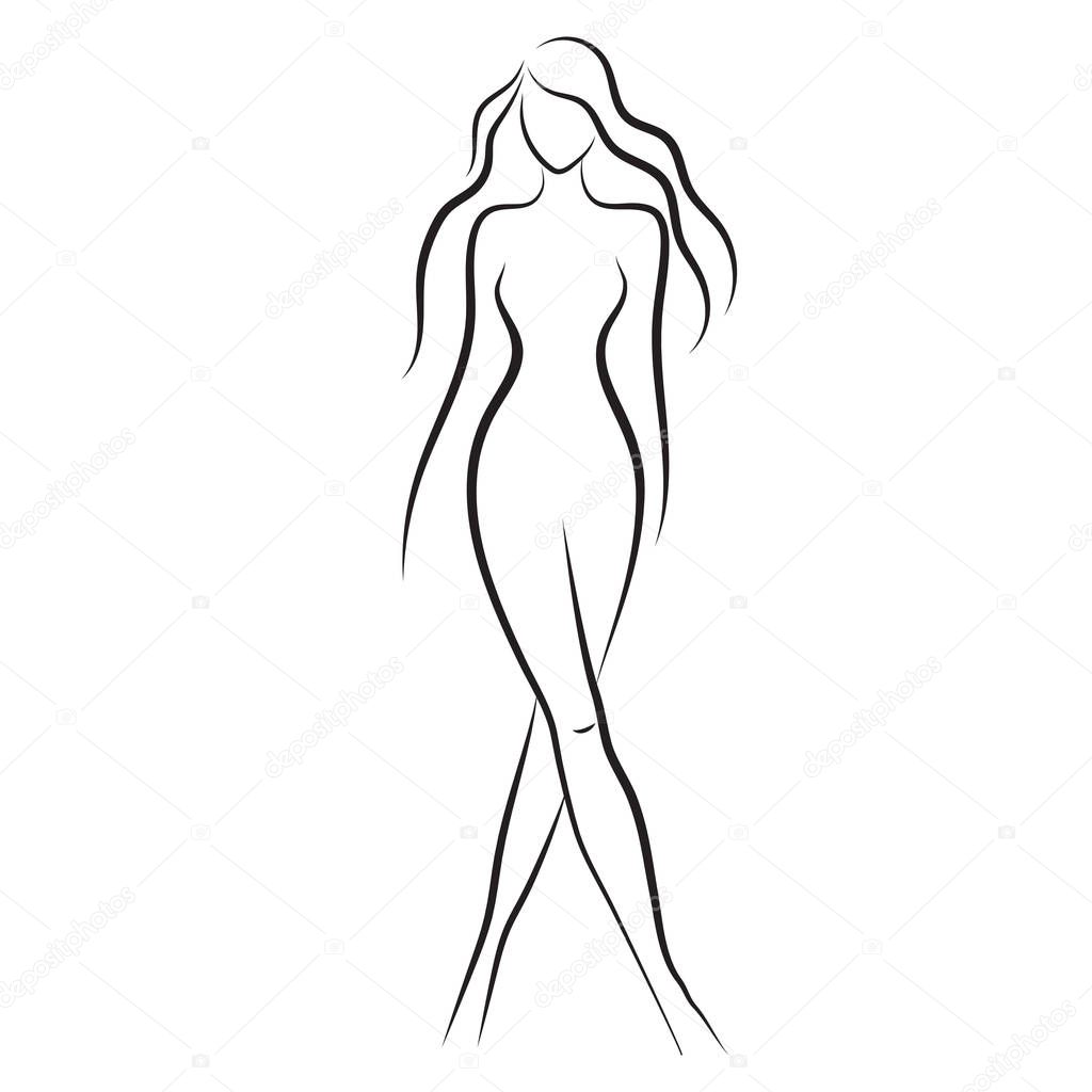 Silhouette of beautiful nude woman vector illustration. Fashion girl with long hair isolated. Beauty logo.